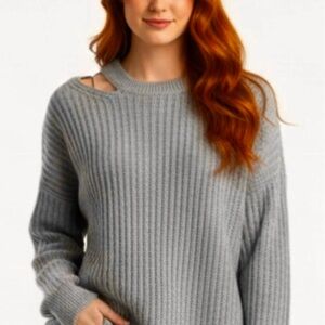 Dress Tells Sweater Cutout Dolman Sleeve Gray Ribbed Knit M Party Brunch Chic